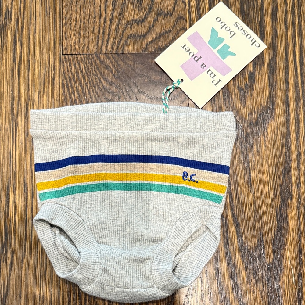 Bobo Choses Gray Bloomer or Diaper Cover with Blue, Yellow, and Green Stripes